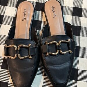 Qupid Black and Gold Mules with Decorative Hardware